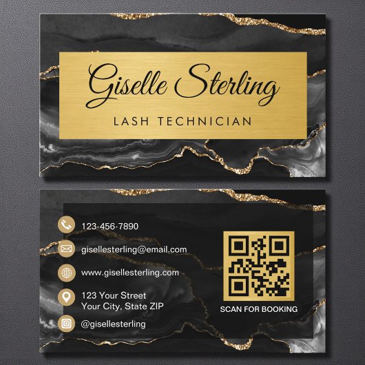 Black Gold Agate Lash Technician Glitter QR Code Visitekaartje