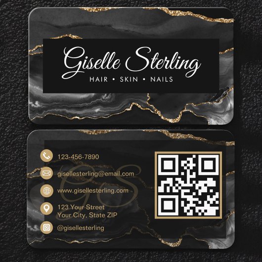 Black Gold Agate Luxe QR-code Visitekaartje