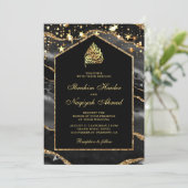 Black Gold Agate Marble Arch Muslim Wedding Kaart (Staand voorkant)