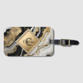 Black Gold Agate Marble Glam Diamond Monogram Bagagelabel (Voorkant (horizontaal))