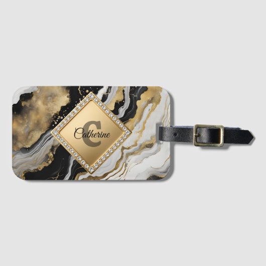 Black Gold Agate Marble Glam Diamond Monogram Bagagelabel (Voorkant (horizontaal))