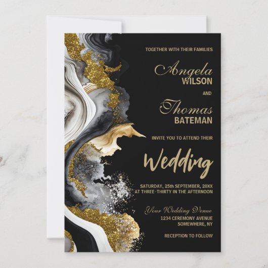 Black Gold Agate Marble Wedding Kaart (Voorkant)