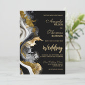 Black Gold Agate Marble Wedding Kaart (Staand voorkant)