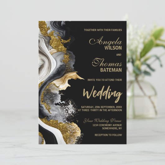 Black Gold Agate Marble Wedding Kaart (Staand voorkant)