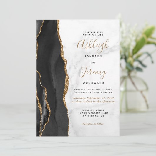 Black Gold Agate Marble Wedding Kaart (Staand voorkant)