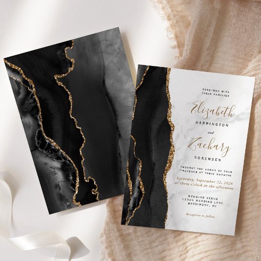 Black Gold Agate Marble Wedding Kaart