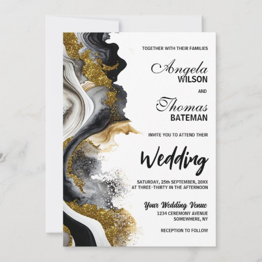 Black Gold Agate Marble Wedding Kaart (Voorkant)
