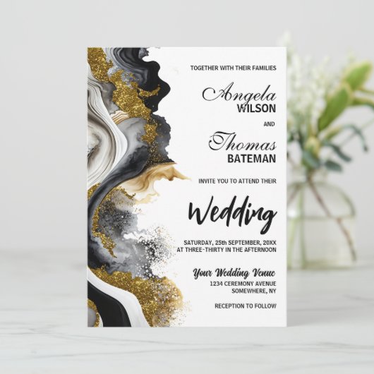 Black Gold Agate Marble Wedding Kaart (Staand voorkant)