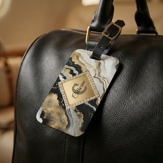 Black Gold Agate Marmer Glam Diamond Monogram Bagagelabel
