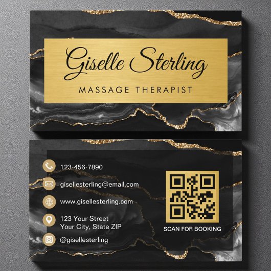Black Gold Agate Massage Therapist Glitter QR Code Visitekaartje