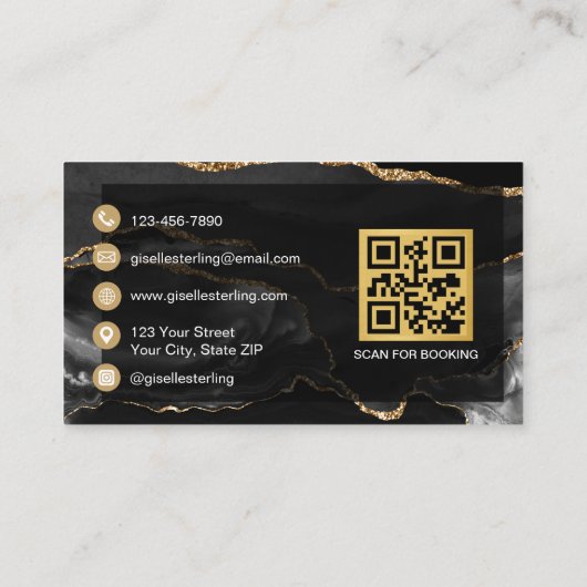 Black Gold Agate Nail Technician Glitter QR Code Visitekaartje (Achterkant)