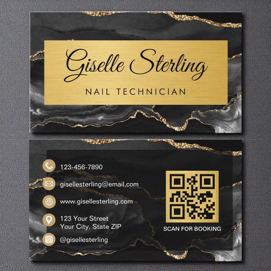 Black Gold Agate Nail Technician Glitter QR Code Visitekaartje