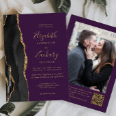 Black Gold Agate Purple Photo QR Code Wedding Kaart