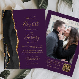 Black Gold Agate Purple Photo QR Code Wedding Kaart