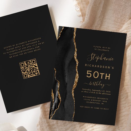 Black Gold Agate QR Code 50ste verjaardag Kaart