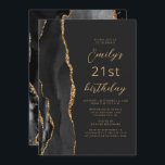 Black Gold Agate Slate Script 21st Birthday Kaart<br><div class="desc">De linkerrand van deze elegante, moderne verjaardagsfeestelijke uitnodiging is voorzien van een zwarte waterverf aan de rand van een donkere, met gouden faux glitter getrimde rand. De aanpasbare tekst combineert een goudkleurig script en maakt serif lettertypen op een zwarte leisteenachtergrond. De achterzijde is voorzien van een bijpassend zwart en goudvormig...</div>