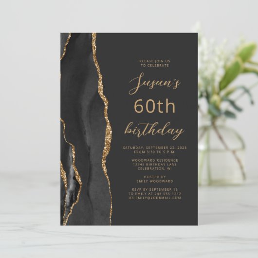 Black Gold Agate Slate Script 60th Birthday Kaart (Staand voorkant)