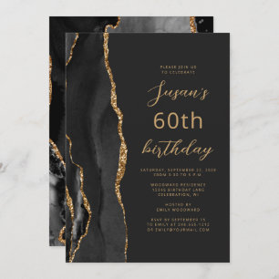 Black Gold Agate Slate Script 60th Birthday Kaart