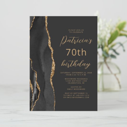 Black Gold Agate Slate Script 70th Birthday Kaart (Staand voorkant)