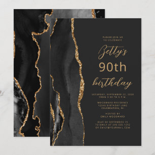 Black Gold Agate Slate Script 90th Birthday Kaart