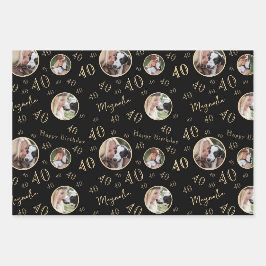 Black Gold Age Photo 40th Birthday Inpakpapier Vel (Voorkant)