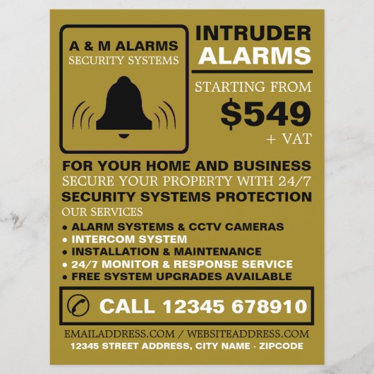 Black & Gold Alarm Logo, Security Alarm Service Flyer (Voorkant)
