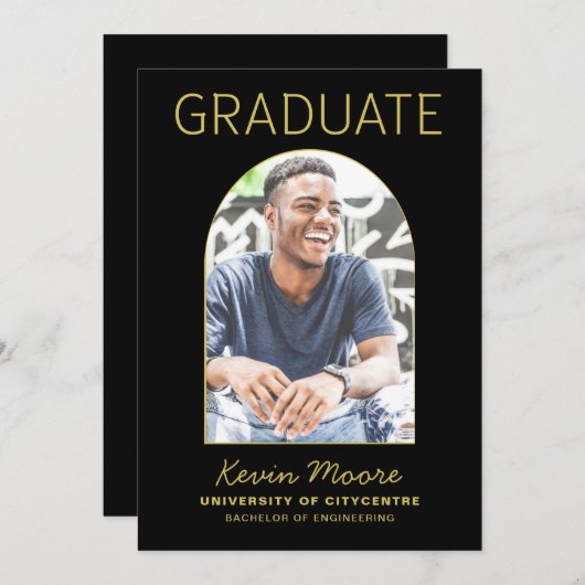 Black Gold Arch Photo Afstuderen Invitation Kaart (Voorkant / Achterkant)