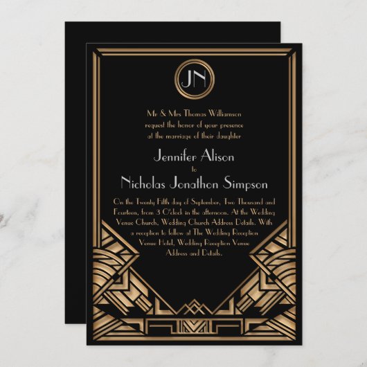 Black Gold Art Deco Gatsby Style Wedding Invites Kaart (Voorkant / Achterkant)