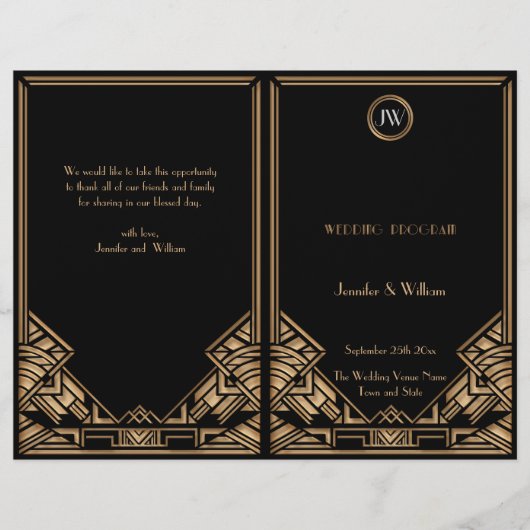 Black Gold Art Deco Gatsby Style Wedding Program (Voorkant)