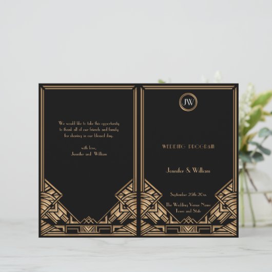 Black Gold Art Deco Gatsby Style Wedding Program (Staand voorkant)