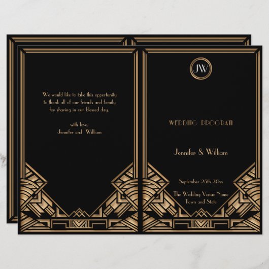 Black Gold Art Deco Gatsby Style Wedding Program (Voorkant / Achterkant)