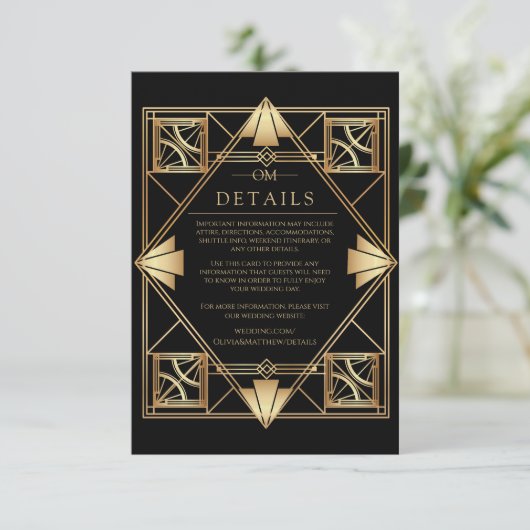Black & Gold Art Deco Geometric Wedding  Informatiekaartje (Staand voorkant)