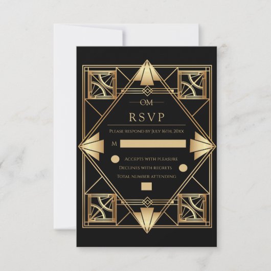 Black & Gold Art Deco Geometric Wedding  RSVP Kaartje (Voorkant)
