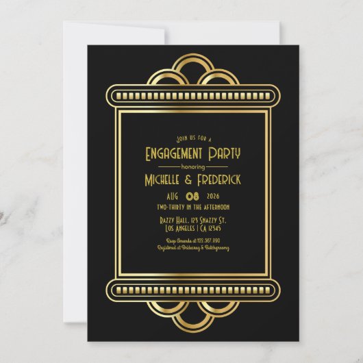 Black & Gold Art Deco Gold Engagement Party Photo Kaart (Voorkant)