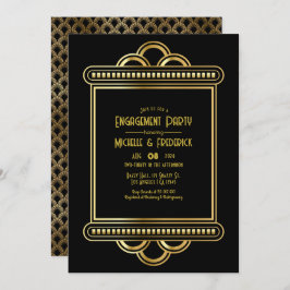 Black & Gold Art Deco Gold Engagement Party Photo Kaart