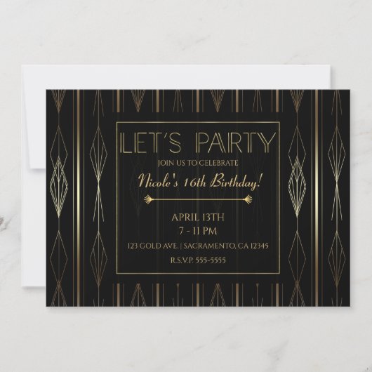 Black & Gold Art Deco Let's Party Verjaardag Kaart (Voorkant)