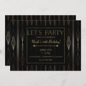 Black & Gold Art Deco Let's Party Verjaardag Kaart (Voorkant / Achterkant)
