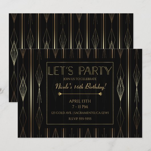 Black & Gold Art Deco Let's Party Verjaardag Kaart (Voorkant / Achterkant)