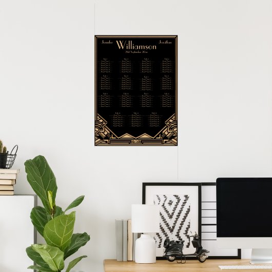Black Gold Art Deco Style Wedding Seating Chart Poster (Thuiskantoor)