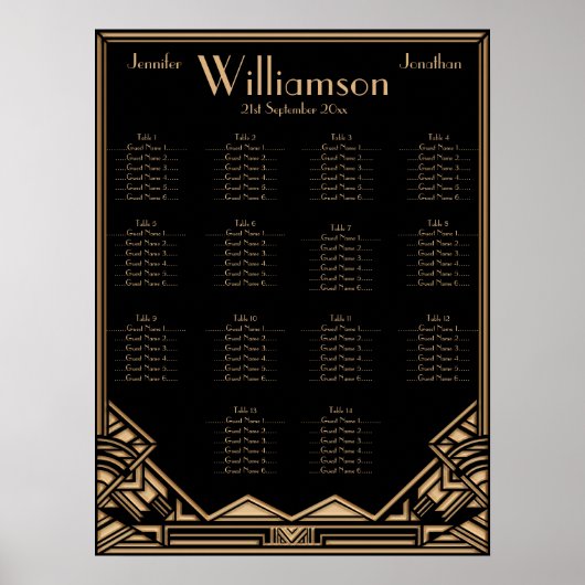 Black Gold Art Deco Style Wedding Seating Chart Poster (Voorkant)