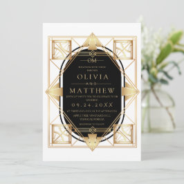 Black & Gold Art Deco Wedding Invitation  Kaart
