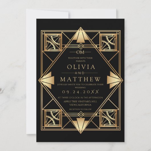 Black & Gold Art Deco Wedding Invitation  Kaart (Voorkant)