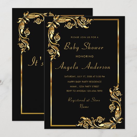 Black Gold Baby Boy Shower Invitation Sjabloon (Voorkant / Achterkant)