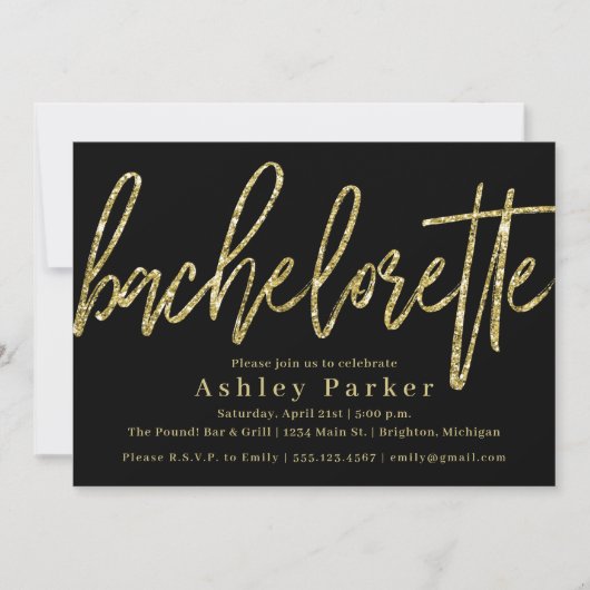 Black Gold Bachelorette Party Invitation Glitter Kaart (Voorkant)