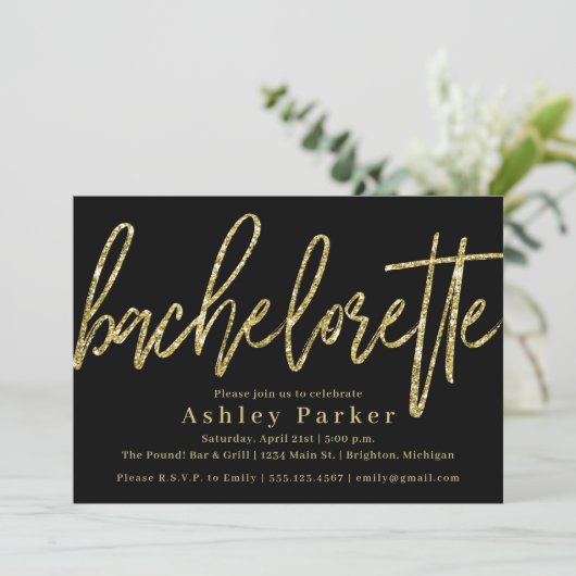 Black Gold Bachelorette Party Invitation Glitter Kaart (Staand voorkant)