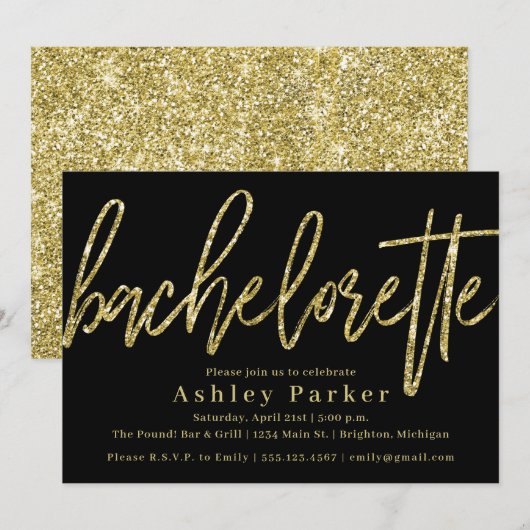 Black Gold Bachelorette Party Invitation Glitter Kaart (Voorkant / Achterkant)