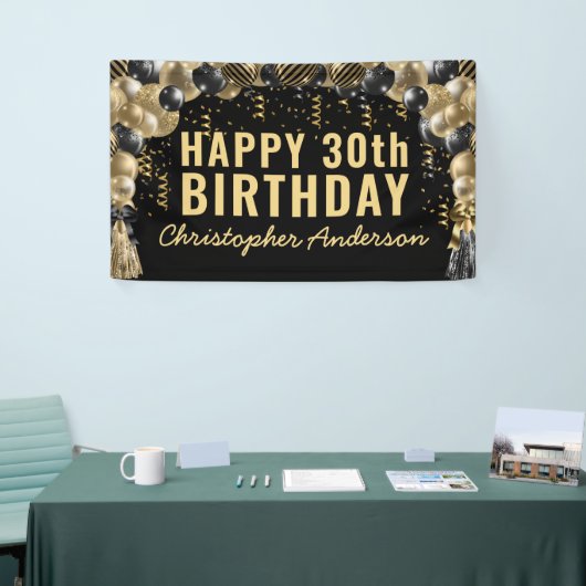 Black Gold Balloon Confetti Happy Birthday Party Spandoek (Beurs)