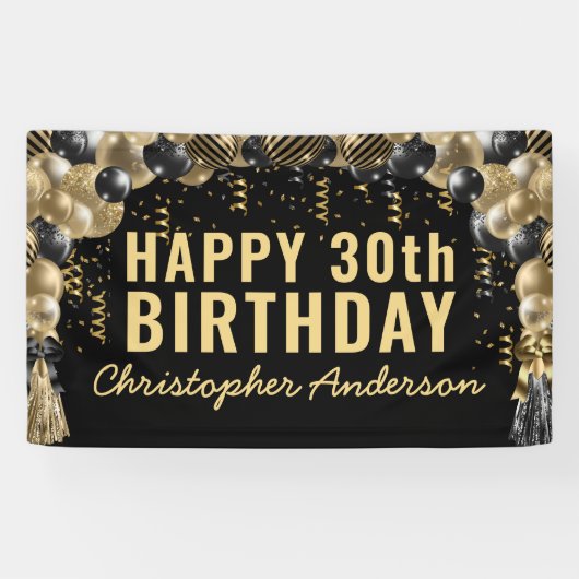 Black Gold Balloon Confetti Happy Birthday Party Spandoek (Horizontaal)