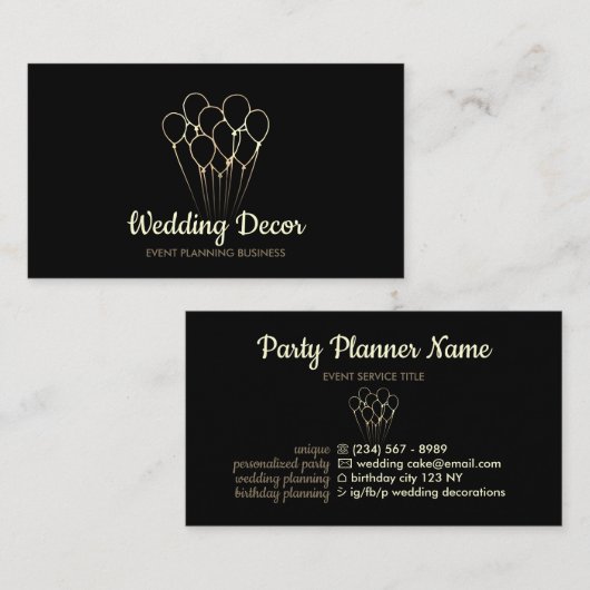 Black Gold Balloon Event Party Planner Visitekaartje (Voorkant / Achterkant)