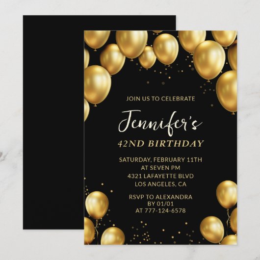 Black Gold Balloons 42e verjaardag uitnodigingen (Voorkant / Achterkant)